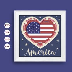 america heart shadow box svg, america heart paper cut light box, cricut files, 3d america heart shadow box, layered card