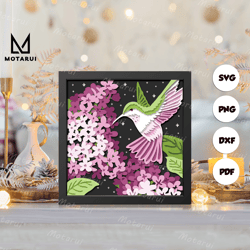 lilac branch flowers with hummingbird shadow box svg, hummingbird paper cut light box, cricut files, 3d hummingbird shad