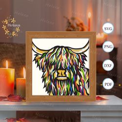 colorful highland cow shadow box files, paper cut light box template files, shadow box paper cut, 3d papercut light box