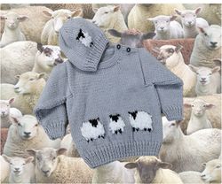knitting pattern for sheep baby sweater and hat, aran worsted jumper ages up to 2 years, baby knitted outfit