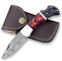 damascus pocket knife for men, handmade folding damascus steel knife with sheath for hunting, camping, hiking, outdoor.