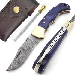 damascus pocket knife for men. folding hunting knives with sharpener and leather pouch