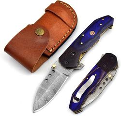 handmade damascus pocket knife with leather sheath | damascus steel blade folding pocket knives for men, women