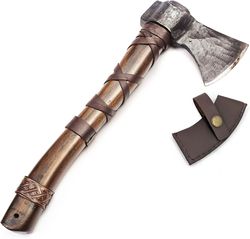 14" viking throwing axe - fully sharpened norse hand-axe - carbon steel axe head with premium leather cross-stitch