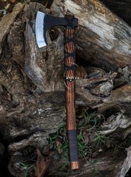 custom hand forged viking hatchet axe with leather sheath