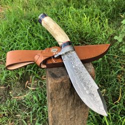Hunting Knife Custom Puma Damascus Survival Knife with Leather Cover