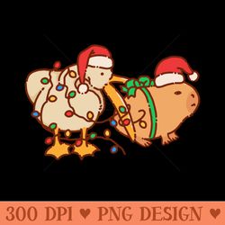 pelican eats capybara, merry christmas, lights and red hat - png illustrations