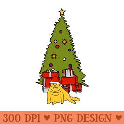 cat in santa hat by christmas tree - png illustrations