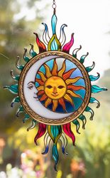 sun and moon boho decorative stained glass suncatcher, boho stained glass window decoration, crescent moon decoration, s