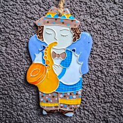 Ceramic angel with saxophone wall decoration,christmas Angel ornaments,handmade Angel jazz party Decor,angel with sax