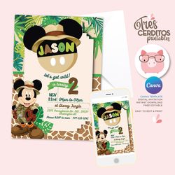 safari mickey mouse boys birthday invitation, editable canva template, print or share