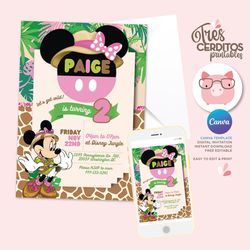 safari minnie mouse girls birthday invitation, editable canva template, print or share