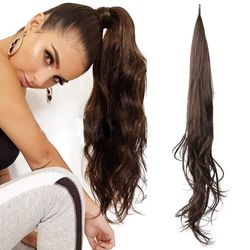32-Inch Synthetic Ponytail Long Layered Flexible Wrap Around Fake Tail Hair Extensions - Natural Curly Hairpiece for Wom