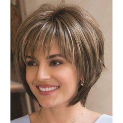 Brown Short Layered Pixie Cut with Blonde Highlights - Natural Looking Synthetic Hair Wig for White Women