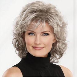 HAIRJOY Women Synthetic Hair Wigs - Short Curly with Bangs - Shoulder Length Brown Blonde Grey White Wig