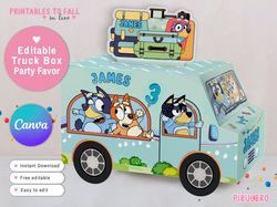 Bluey Birthday Puppy dog Party printable favor box, pink truck party favor Minibus candy treat box, dog house favor box