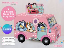 Bluey Birthday Puppy dog Party printable favor box, dog house favor box, pink truck party favor Minibus candy treat box