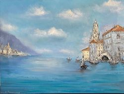 original oil painting on canvas art seascape landscape oil painting sea city