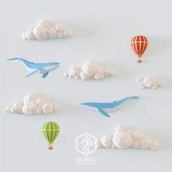 Papercraft Clouds With Whales And Hot Air Balloons, Pdf, Gurko, Pepakura, Template, 3D Origami, Paper Sculpture, Low Pol