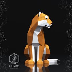 Papercraft Sitting Tiger With Head Turned, Pdf, Gurko, Pepakura, Template, 3D Origami, Paper Sculpture, Low Poly, DIY