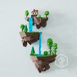 Papercraft Soaring Islands. Waterfall, Pdf, Gurko, Pepakura, Template, 3D Origami, Paper Sculpture, Low Poly, DIY Craft