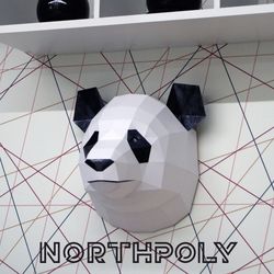 panda head papercraft, bear head, pdf, gurko, pepakura, template, 3d origami, paper sculpture, low poly, diy craft