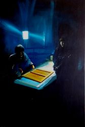 evening game of backgammon, 80x54cm, oil on canvas, 2022