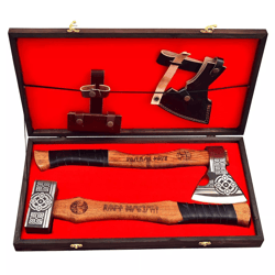 2pcs set - hand forged viking axe & viking hammer with wooden box, cutting camping axe, perfect gift for any occasion