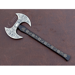 handmade carbon steel double headed axe with leather sheath, axe, viking axe, ragnar axe, battle axe, gift for him
