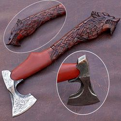hand forged viking axe wit loin shape handle, hatchet axe with leather sheath, nordic axe - battle axe, birthday gift
