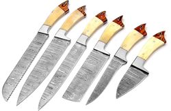 professional kitchen knives custom made damascus steel – 6 pcs of sharp chef knife set with leather roll bag