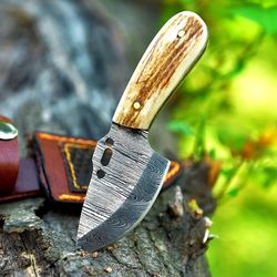 handmade damascus steel knife -5 inches stag handle -handmade hunting knife - knife with sheath - knife sheath