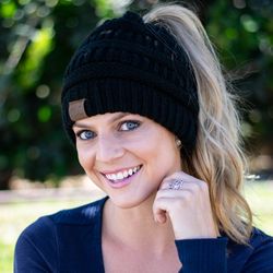 chic soft knit ponytail beanie - ideal for active lifestyles, machine washable, cozy and comfortable