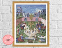 Cross Stitch Pattern,The Garden of Love And The Fountain of Youth,Full Coverage,Medieval Illuminated Manuscript,Pdf