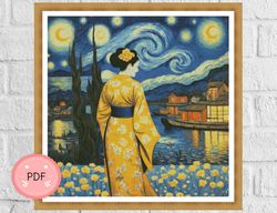 Cross Stitch Pattern,Geisha In Van Gogh Style,Van Gogh Inspired,Asian Design,Japanese Art,Instant Download,Full Coverage