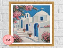 Cross Stitch Pattern,Greek Island Church,Instant Download,Greece Cityscape,XStitch Chart,Santorini,Mykonos,Full Coverage