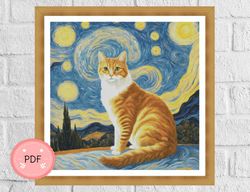 Cross Stitch Pattern,The Starry Night Painting With Cat,Van Gogh Inspired,,Instant Download,Full Coverage,Yellow Cat