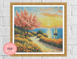 Cross Stitch Pattern,Blossom Tree With Sunset View,Sea Wave,Instant Download,X Stitch Chart,Sailing,Needlework,Coastal