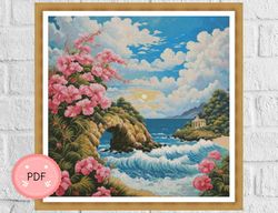 Cross Stitch Pattern,Tropical Island Chapel,Ocean Wave,Instant Download,Beach,Coastal,Nature,Pink Hibiscus,Sea Arch
