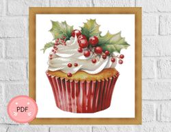 Cross Stitch Pattern,Christmas Decorated Cupcake,Watercolor,Pdf,Instant Download ,X Stitch Chart,Christmas Mistletoe