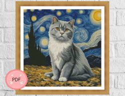 Cross Stitch Pattern,The Starry Night Painting With Gray Cat,Van Gogh Inspired,,Instant Download,Full Coverage,Gray Cat