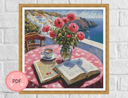Cross Stitch Pattern,Peaceful Balcony,Pdf Instant Download,X Stitch Chart,Sea Landscape,Full Coverage,Reading Time,Book