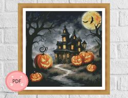 Cross Stitch Pattern,Spooky Haunted House,Halloween Night,Pdf, Instant Download,X Stitch Chart,Bat,Watercolor,Pumpkins