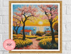Cross Stitch Pattern,A Fishing Village Landscape,Instant Download,Beach,Blossom Tree,Nature,Full Coverage,Sailing,Sea
