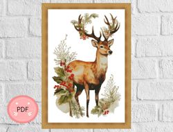 Cross Stitch Pattern,Christmas Reindeer,Red Deer,XStitch Chart,Chirstmas Decoration,Wild Life,Full Coverage,Watercolor