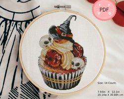Cross Stitch Pattern,Halloween Cupcake,Watercolor,Pdf,Instant Download ,X Stitch Chart,Witch Hat,Skull,Holiday,Dessert