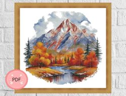 Cross Stitch Pattern,Mountain With Autumn Forest,Lake And Trees,Pdf Format,Instant Download,Rural Landscape,Forest Scene