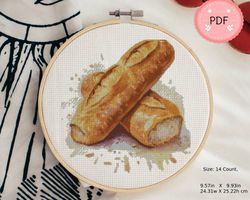 Cross Stitch Pattern,Baguette Bread,Pdf,Instant Download ,X Stitch Chart,Watercolor,Wheat,Homemade Bread,Fresh Bread