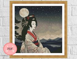 Cross Stitch Pattern,Thoughtful Geisha in the Night,Asian Design,Japanese Art,Instant Download,Full Coverage,Japan,Asia