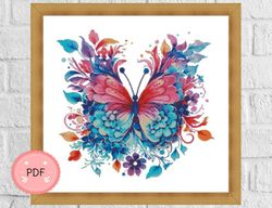 Cross Stitch Pattern,Butterfly With Flower Wings,Colorful Spots,Watercolor,Pdf,Instant Download,Floral,Butterflies